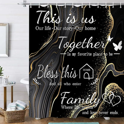 4-Piece Marble Design Polyester Shower Curtain Set Non-Slip Bath Mat Toilet Lid Mat U-Shaped Floor Mat Black Gold 12