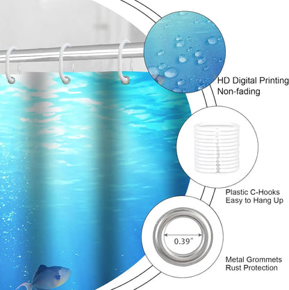 4-Piece Sunlight Sea Fish Ocean Theme Bathroom Set with Rugs Shower Curtain 12 Hooks-Machine-Washable Blackout Polyester