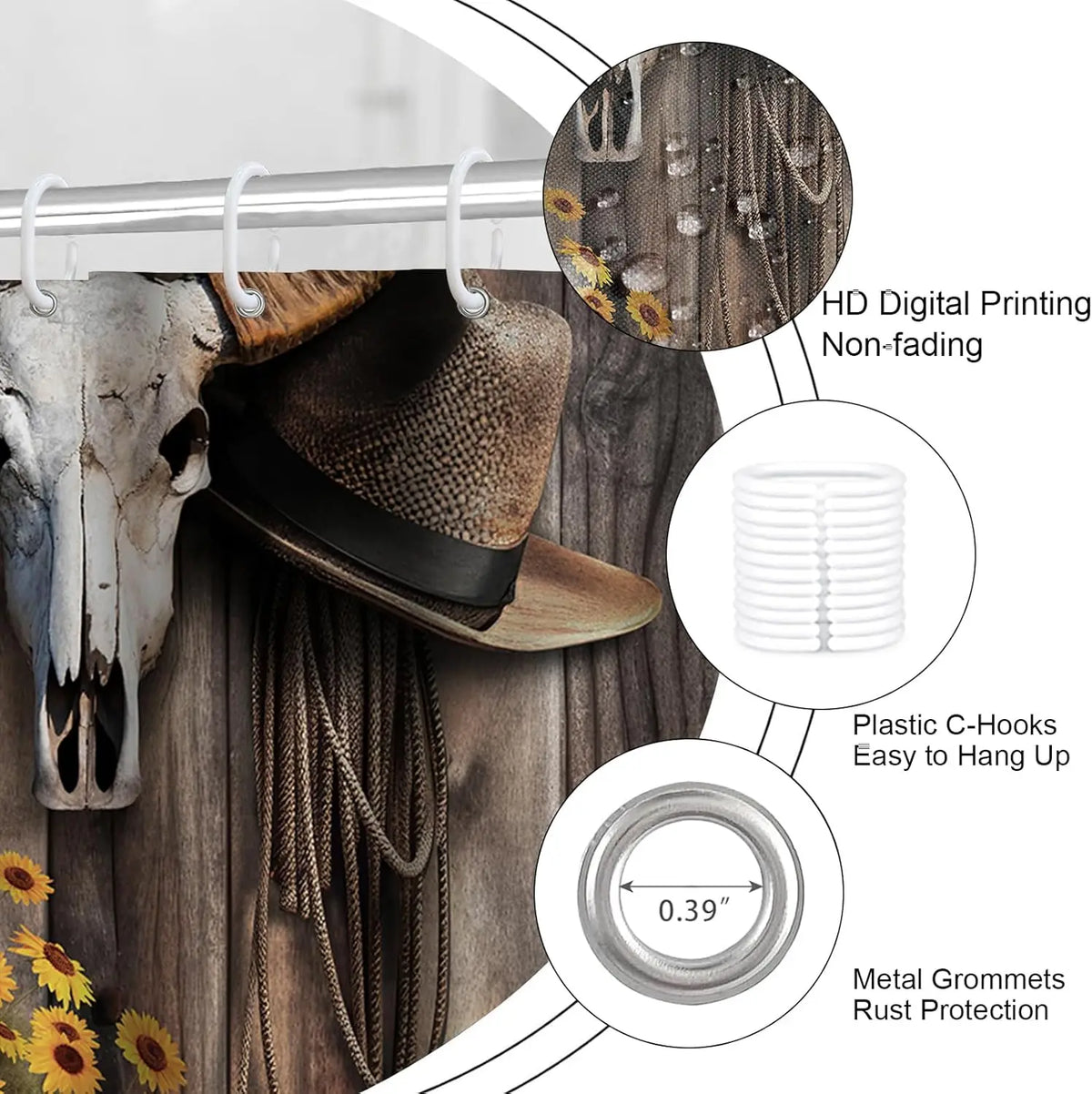 4-Piece Brown Cowboy Rustic Western Farmhouse Shower Curtain Set Non-Slip Rugs Washable Polyester Fabric Sunflower Barn