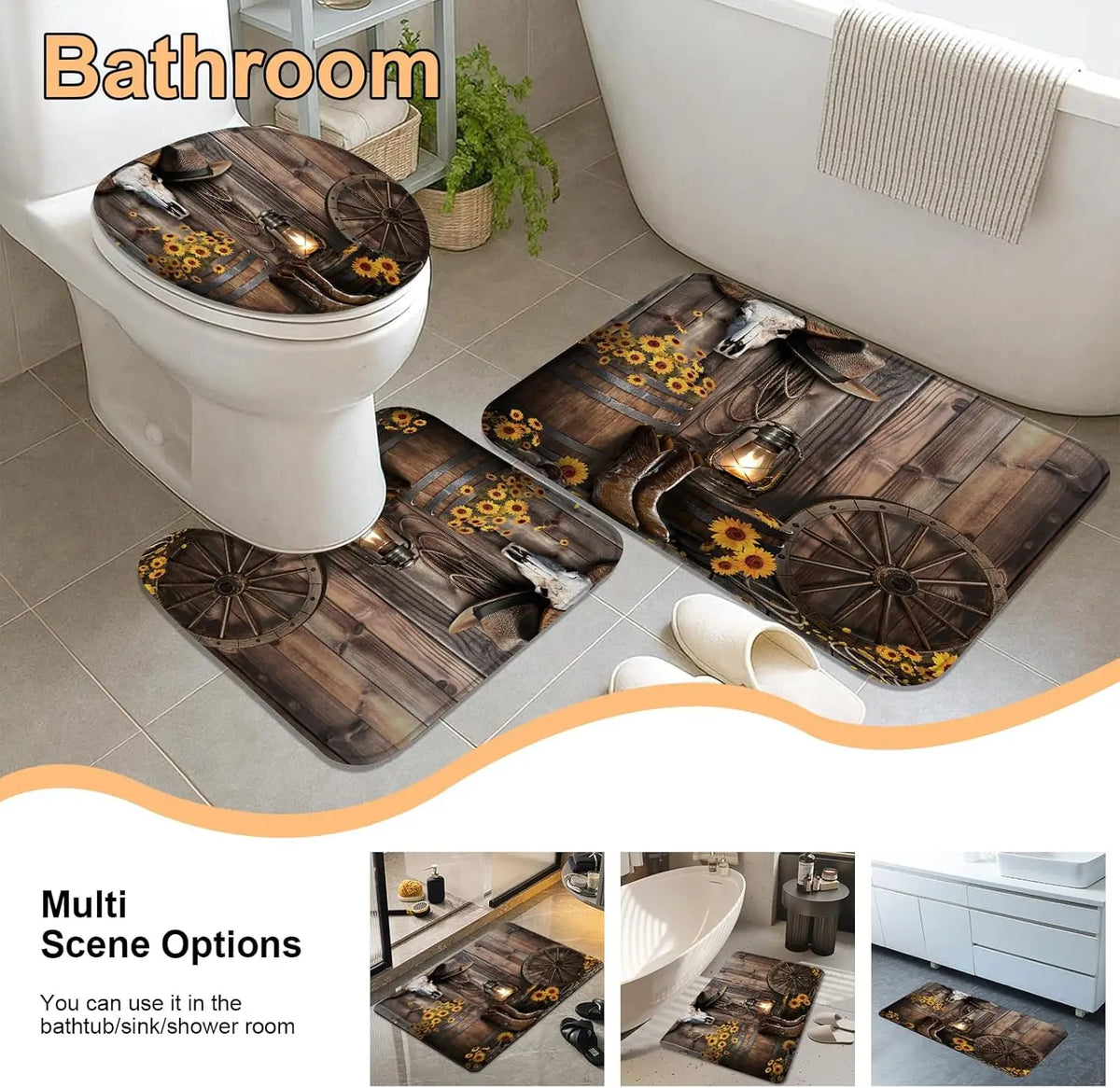 4-Piece Brown Cowboy Rustic Western Farmhouse Shower Curtain Set Non-Slip Rugs Washable Polyester Fabric Sunflower Barn
