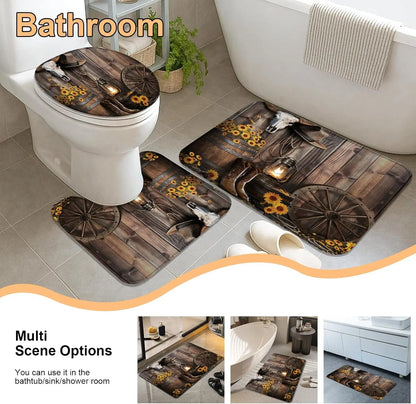 4-Piece Brown Cowboy Rustic Western Farmhouse Shower Curtain Set Non-Slip Rugs Washable Polyester Fabric Sunflower Barn