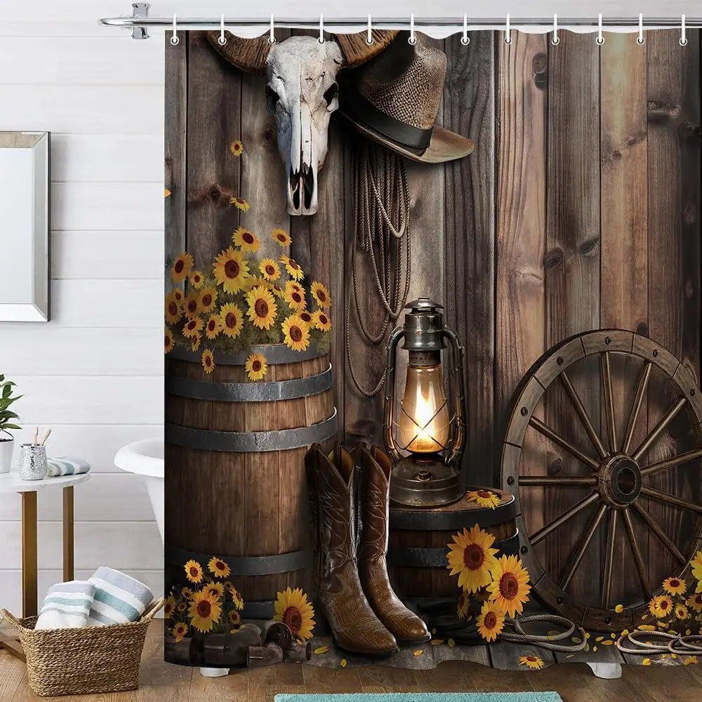 4-Piece Brown Cowboy Rustic Western Farmhouse Shower Curtain Set Non-Slip Rugs Washable Polyester Fabric Sunflower Barn