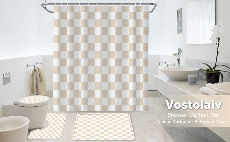 4-Piece Checkered Gingham Retro Waterproof Shower Curtain Set Non-Slip Bath Rug 12 Hooks Soft Fabric for Bathroom Use
