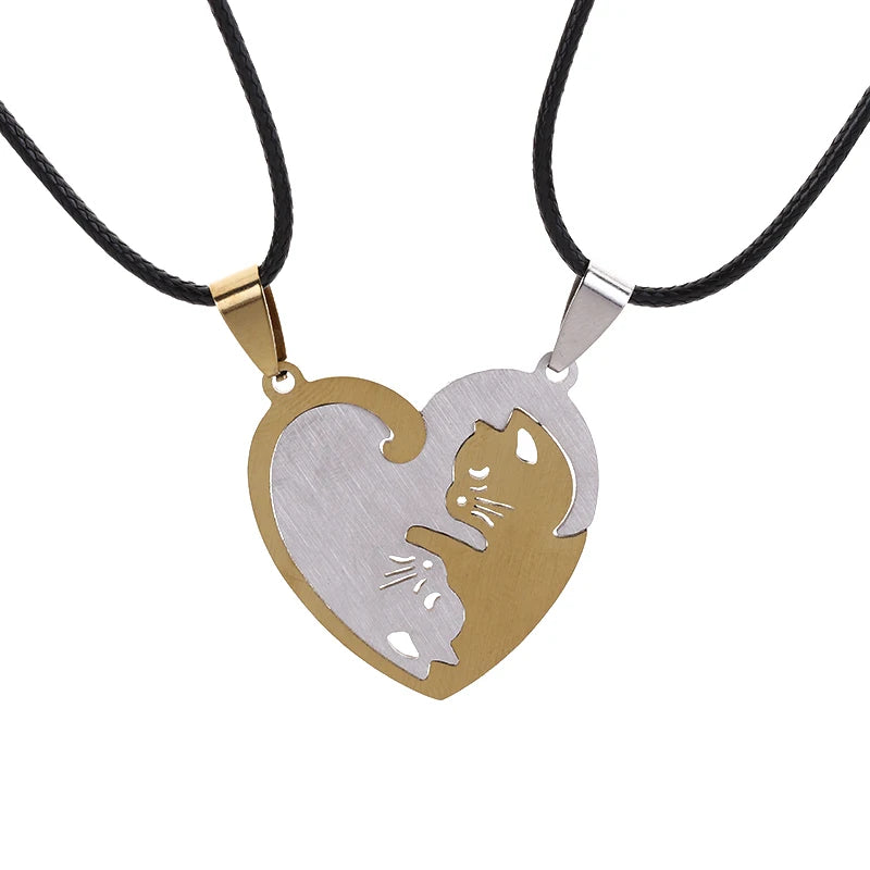 Stainless Steel Pet Cat Kitty Love Heart Pendant Puzzle Matching Necklace Chain For Couple Lover Valentine
