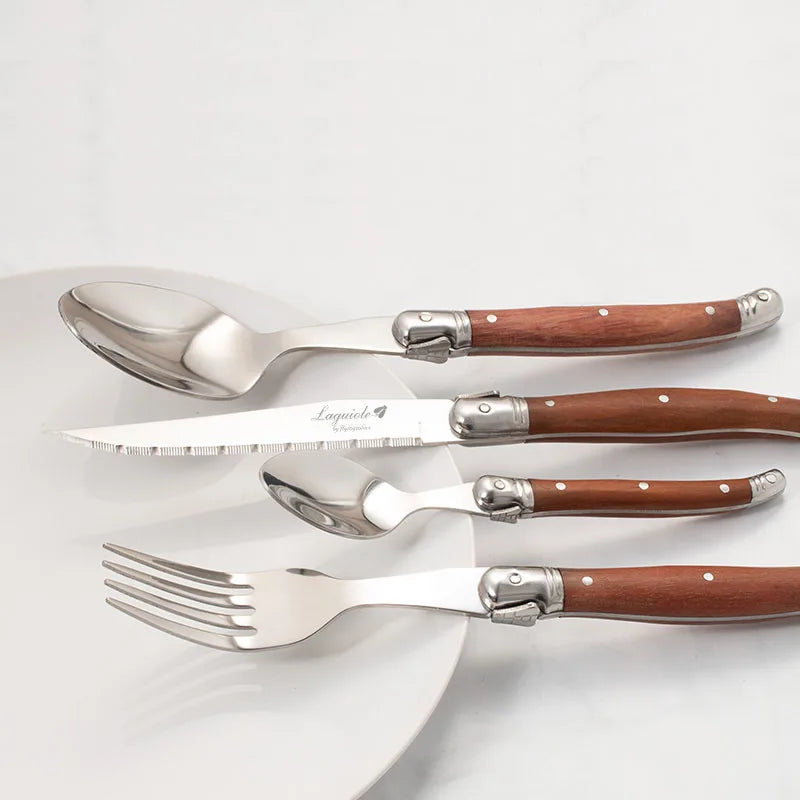 24pcs Laguiole Cutlery set Luxury Rose Wood Handle Dinnerware Stainless steel Tableware 6 Steak Knife 6 Fork 6 Spoon 6 Teaspoon