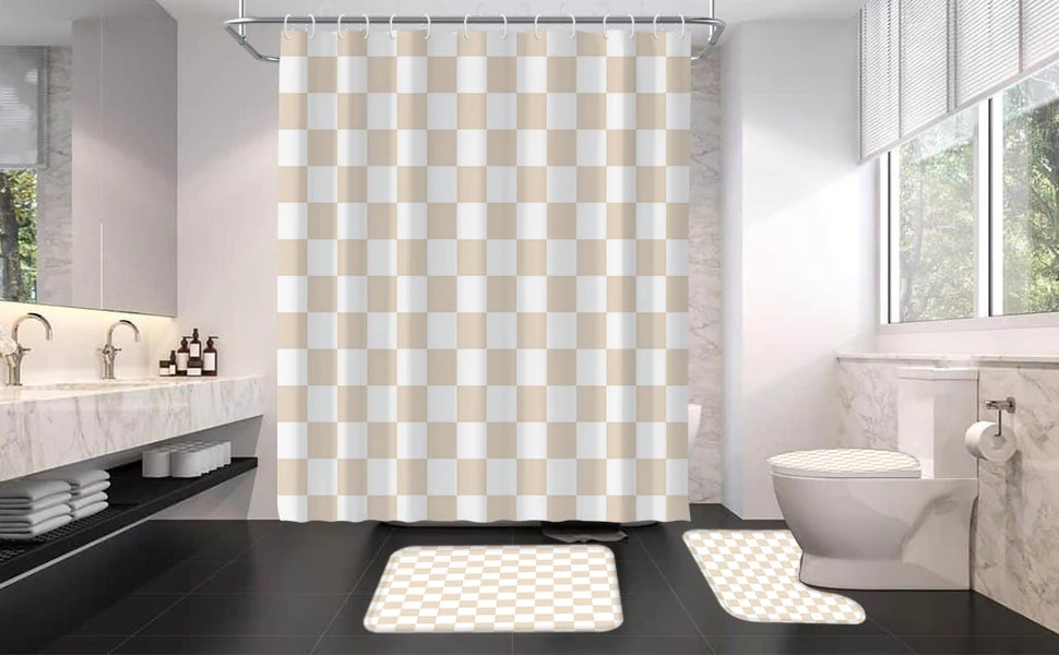 4-Piece Checkered Gingham Retro Waterproof Shower Curtain Set Non-Slip Bath Rug 12 Hooks Soft Fabric for Bathroom Use
