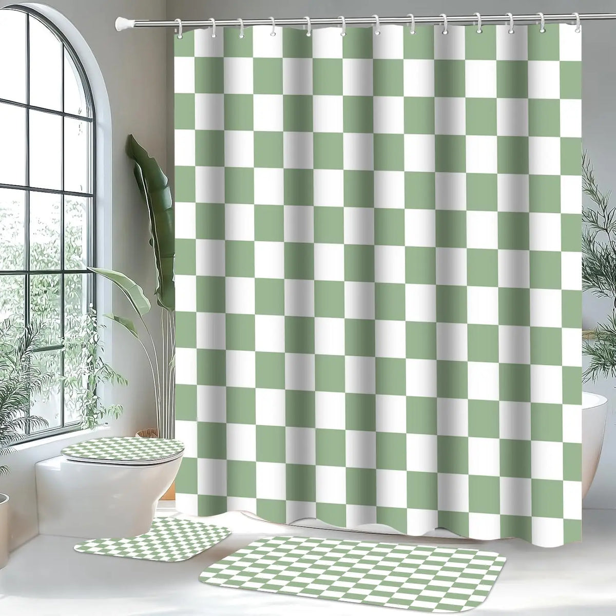 4-Piece Checkered Gingham Retro Shower Curtain Set Non-Slip Bath Rug U-Shaped Mat 12 Hooks Waterproof Fabric Green