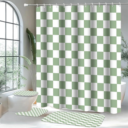 4-Piece Checkered Gingham Retro Shower Curtain Set Non-Slip Bath Rug U-Shaped Mat 12 Hooks Waterproof Fabric Green
