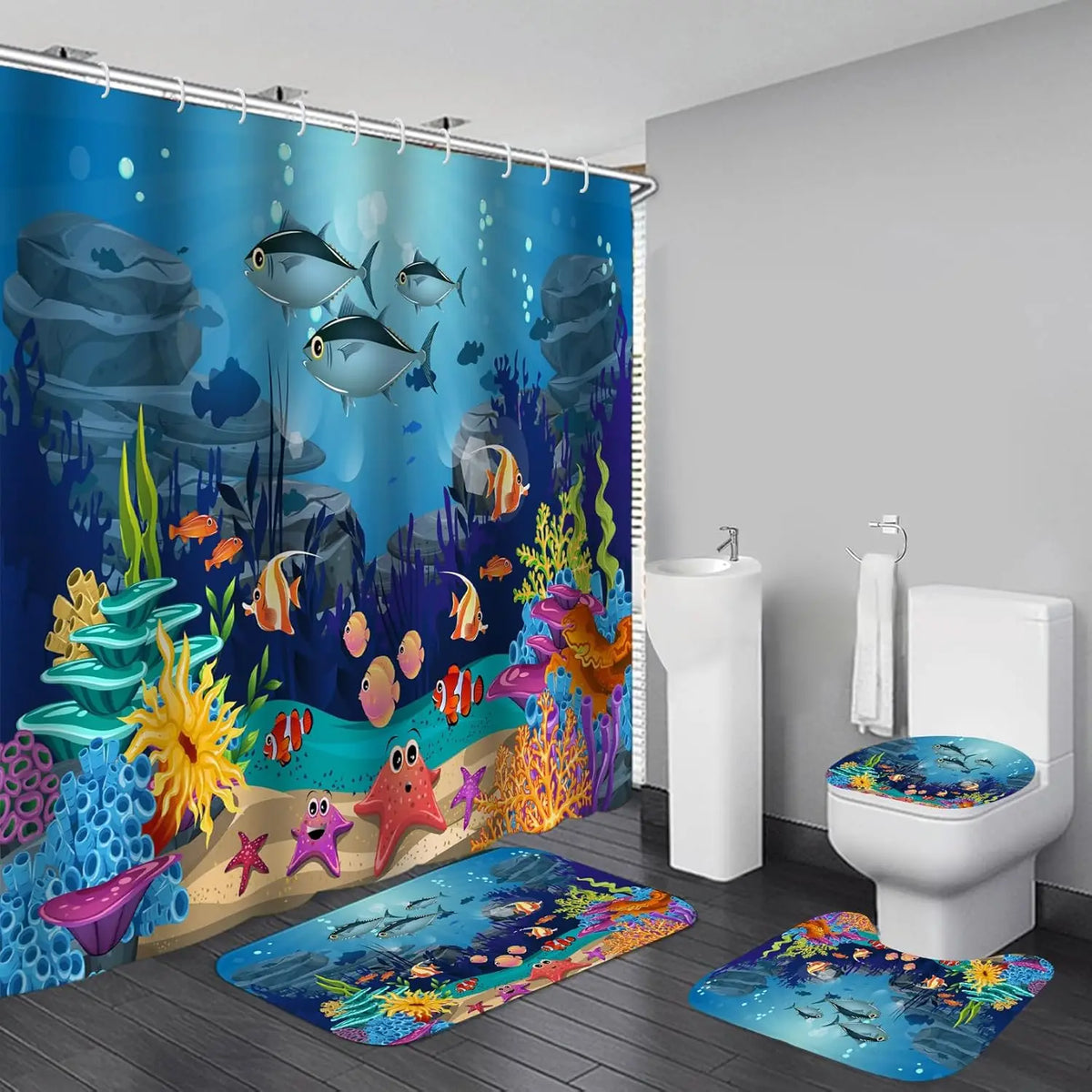 4-Piece Sunlight Sea Fish Ocean Theme Bathroom Set with Rugs Shower Curtain 12 Hooks-Machine-Washable Blackout Polyester