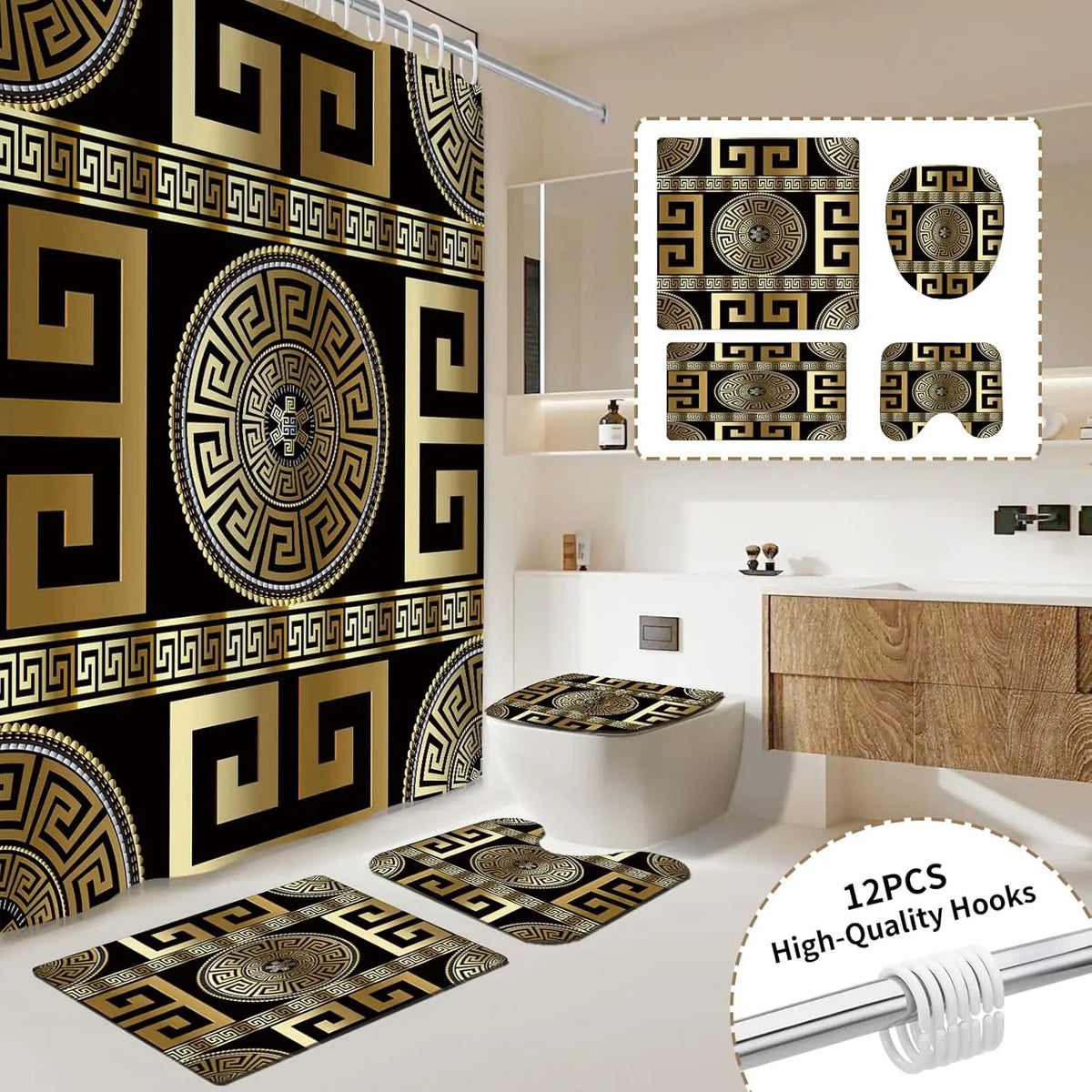 4PCS Black Gold Geometric Print Polyester Fabric Shower Curtain Set Modern Waterproof Soft Fabric Non-Slip Bath Mat 12
