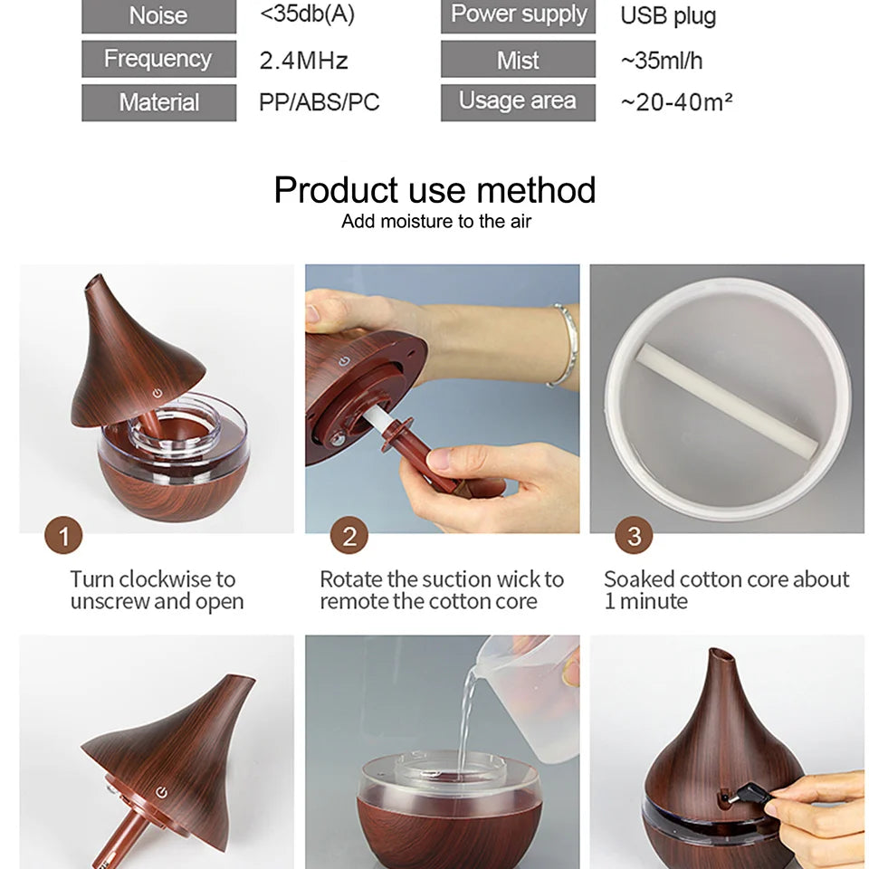 300ml Humidifier Electric Aroma Air Diffuser Wood Ultrasonic Air Humidifier Essential Oil Aromatherapy Cool Mist Maker For Home