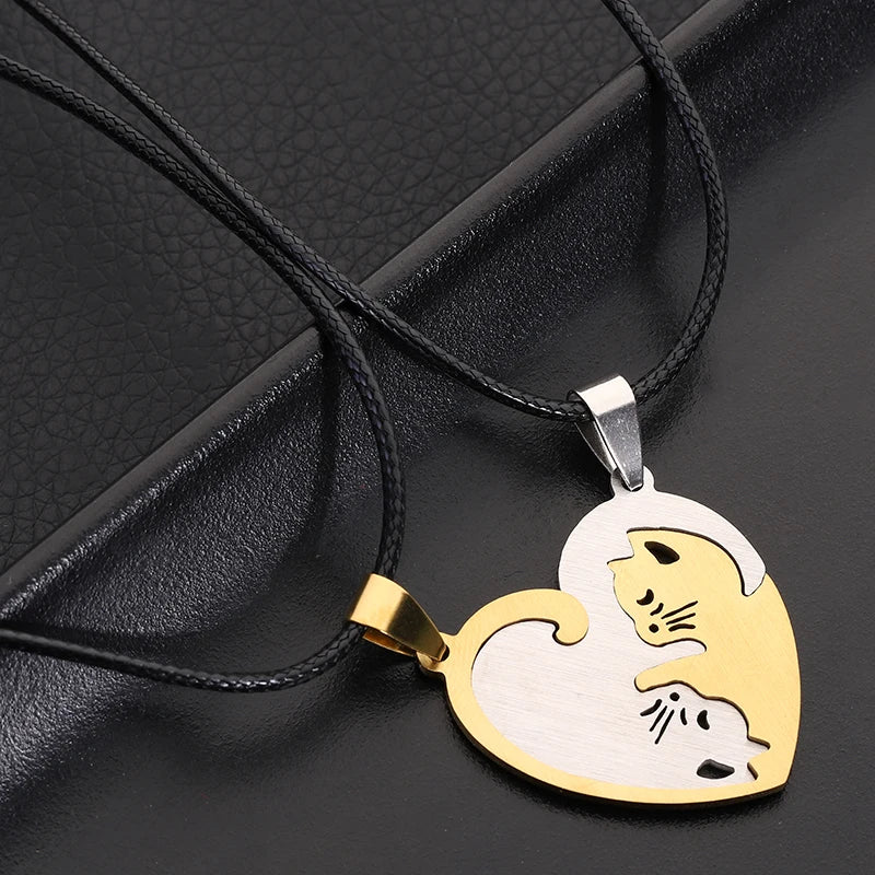 Stainless Steel Pet Cat Kitty Love Heart Pendant Puzzle Matching Necklace Chain For Couple Lover Valentine