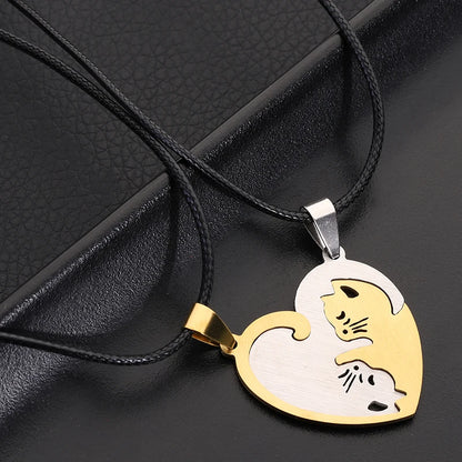 Stainless Steel Pet Cat Kitty Love Heart Pendant Puzzle Matching Necklace Chain For Couple Lover Valentine