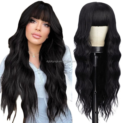 Hot Sales 26Inch Brown Mixed Blonde Wigs with Bangs for Women Wavy Curly Hair Heat Resistant Synthetic Fiber Wigs Women Hair