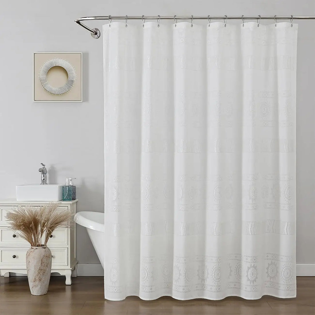 White Boho Farmhouse Modern Shower Curtain Set Waterproof Polyester Neutral Textured 72Wx72L Inches 12 Plastic Hooks
