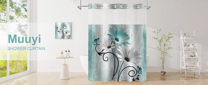 Hookless Shower Curtain Liner Set Teal Semi-Sheer Waterproof Washable 72x75 Inch Bathroom Decor