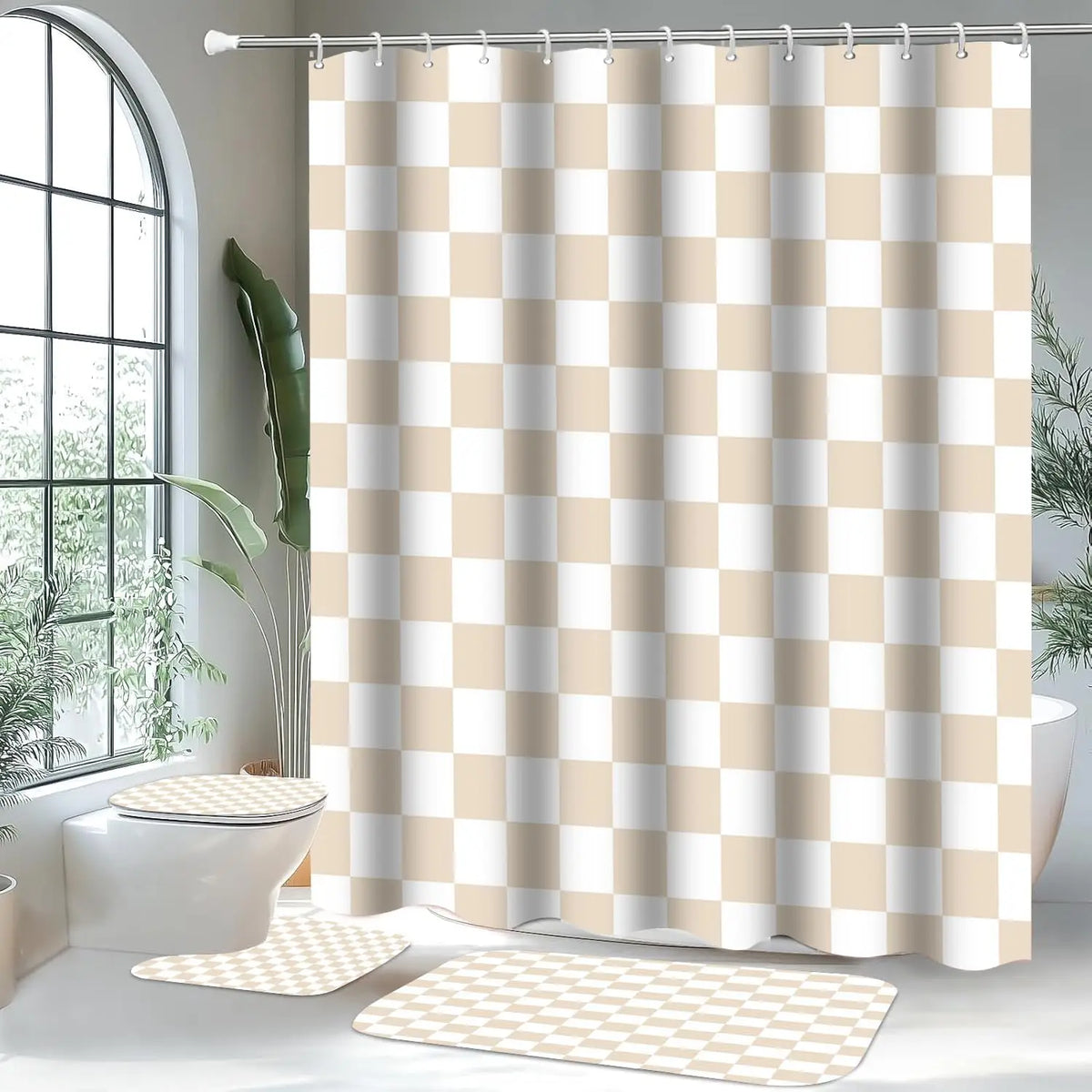 4-Piece Checkered Gingham Retro Waterproof Shower Curtain Set Non-Slip Bath Rug 12 Hooks Soft Fabric for Bathroom Use