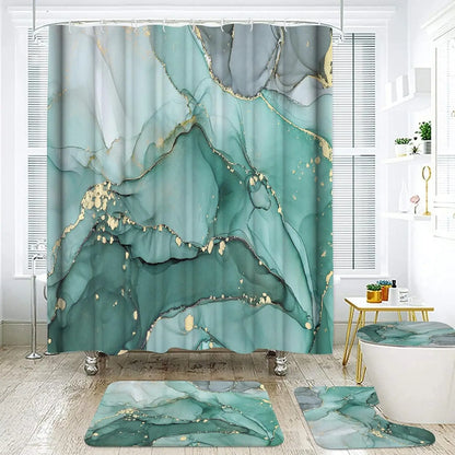 4-Piece Marble Design Polyester Shower Curtain Set Non-Slip Bath Mat Toilet Lid Mat U-Shaped Floor Mat Black Gold 12