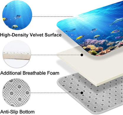 4-Piece Sunlight Sea Fish Ocean Theme Bathroom Set with Rugs Shower Curtain 12 Hooks-Machine-Washable Blackout Polyester