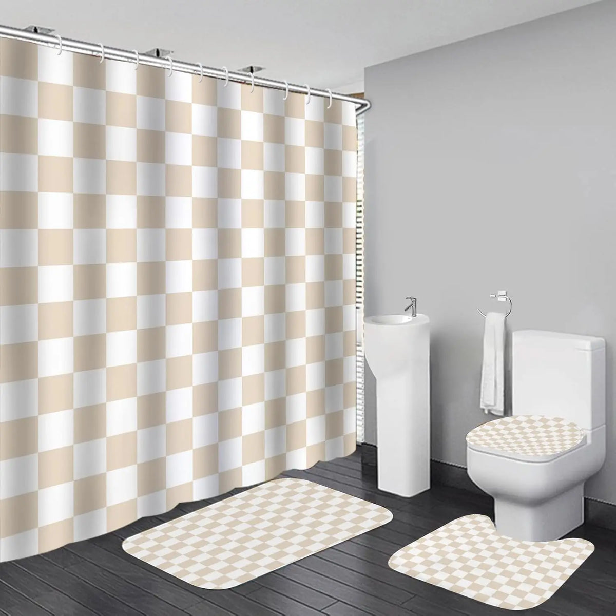 4-Piece Checkered Gingham Retro Waterproof Shower Curtain Set Non-Slip Bath Rug 12 Hooks Soft Fabric for Bathroom Use
