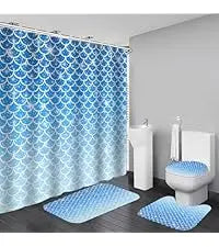 4-Piece Sunlight Sea Fish Ocean Theme Bathroom Set with Rugs Shower Curtain 12 Hooks-Machine-Washable Blackout Polyester