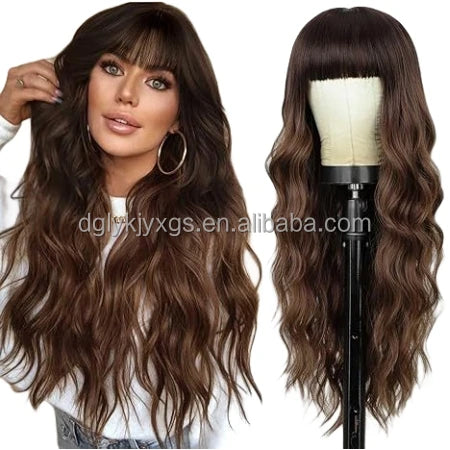 Hot Sales 26Inch Brown Mixed Blonde Wigs with Bangs for Women Wavy Curly Hair Heat Resistant Synthetic Fiber Wigs Women Hair