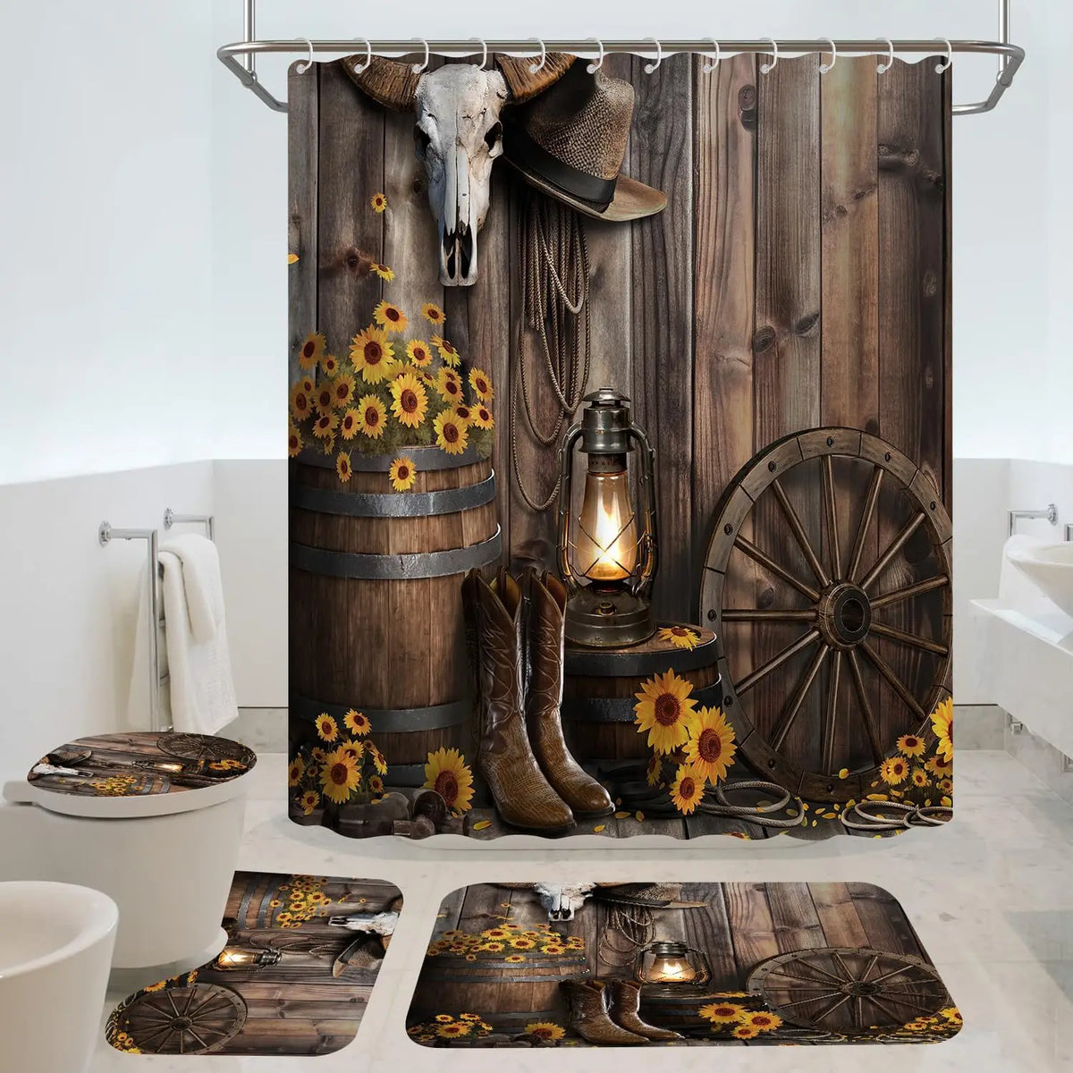 4-Piece Brown Cowboy Rustic Western Farmhouse Shower Curtain Set Non-Slip Rugs Washable Polyester Fabric Sunflower Barn