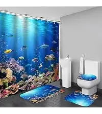 4-Piece Sunlight Sea Fish Ocean Theme Bathroom Set with Rugs Shower Curtain 12 Hooks-Machine-Washable Blackout Polyester