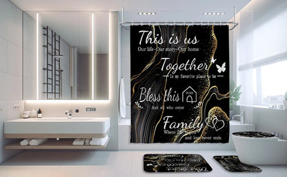 4-Piece Marble Design Polyester Shower Curtain Set Non-Slip Bath Mat Toilet Lid Mat U-Shaped Floor Mat Black Gold 12