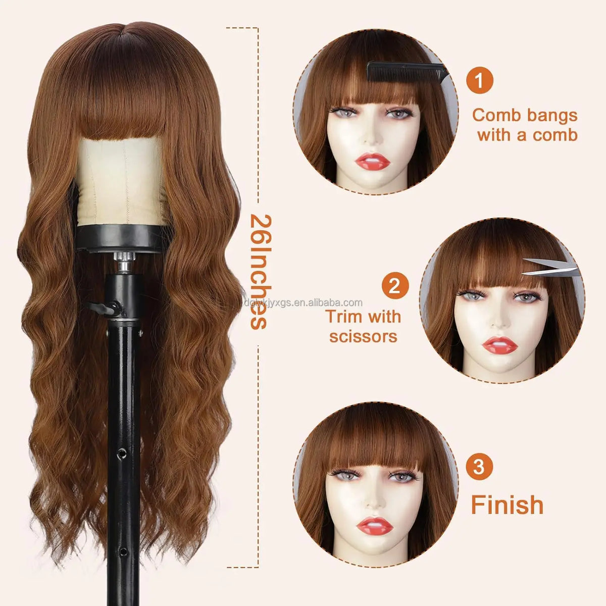 26" Brown Blonde Wavy Synthetic Wig with Bangs