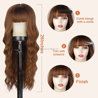 Hot Sales 26Inch Brown Mixed Blonde Wigs with Bangs for Women Wavy Curly Hair Heat Resistant Synthetic Fiber Wigs Women Hair