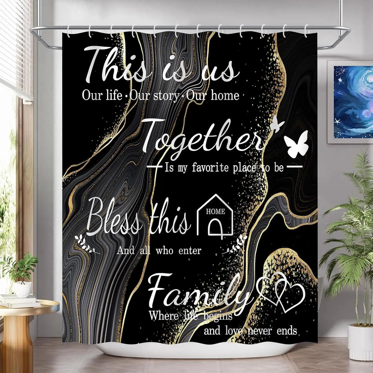 4-Piece Marble Design Polyester Shower Curtain Set Non-Slip Bath Mat Toilet Lid Mat U-Shaped Floor Mat Black Gold 12