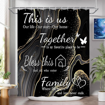 4-Piece Marble Design Polyester Shower Curtain Set Non-Slip Bath Mat Toilet Lid Mat U-Shaped Floor Mat Black Gold 12