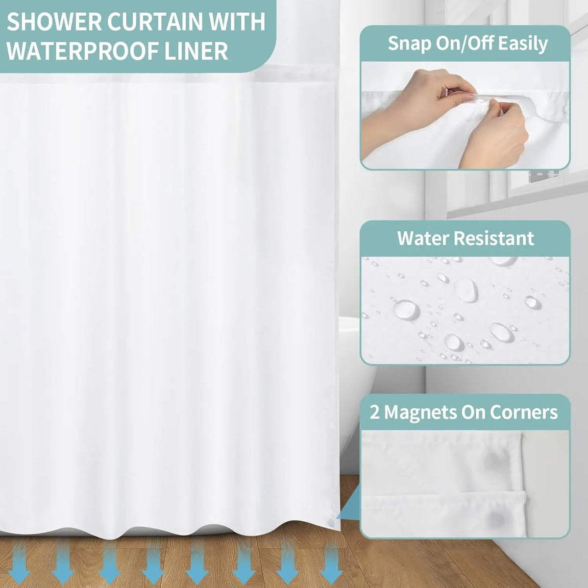 Hookless Shower Curtain Liner Set Teal Semi-Sheer Waterproof Washable 72x75 Inch Bathroom Decor