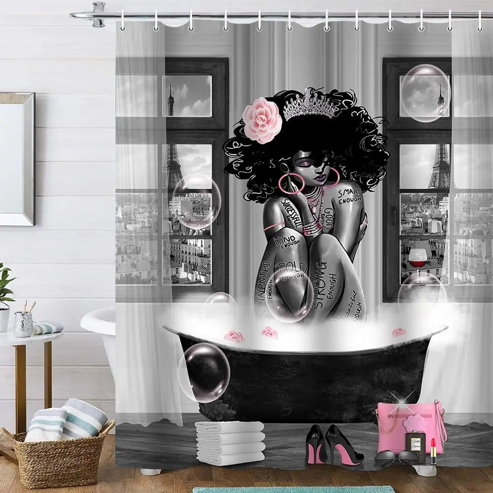 KOKGYM 4-Piece African American Shower Curtain Set Rugs 12 Hooks Paris Eiffel Tower Art Pattern Waterproof Polyester Casual