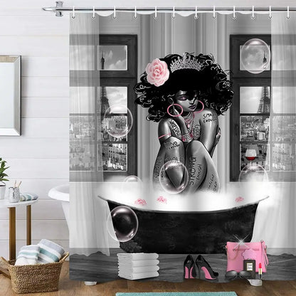 KOKGYM 4-Piece African American Shower Curtain Set Rugs 12 Hooks Paris Eiffel Tower Art Pattern Waterproof Polyester Casual