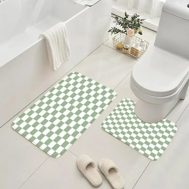 4-Piece Checkered Gingham Retro Shower Curtain Set Non-Slip Bath Rug U-Shaped Mat 12 Hooks Waterproof Fabric Green