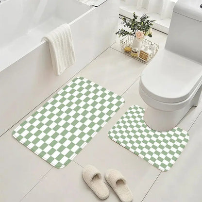 4-Piece Checkered Gingham Retro Shower Curtain Set Non-Slip Bath Rug U-Shaped Mat 12 Hooks Waterproof Fabric Green
