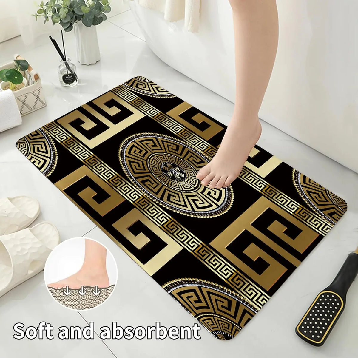 4PCS Black Gold Geometric Print Polyester Fabric Shower Curtain Set Modern Waterproof Soft Fabric Non-Slip Bath Mat 12