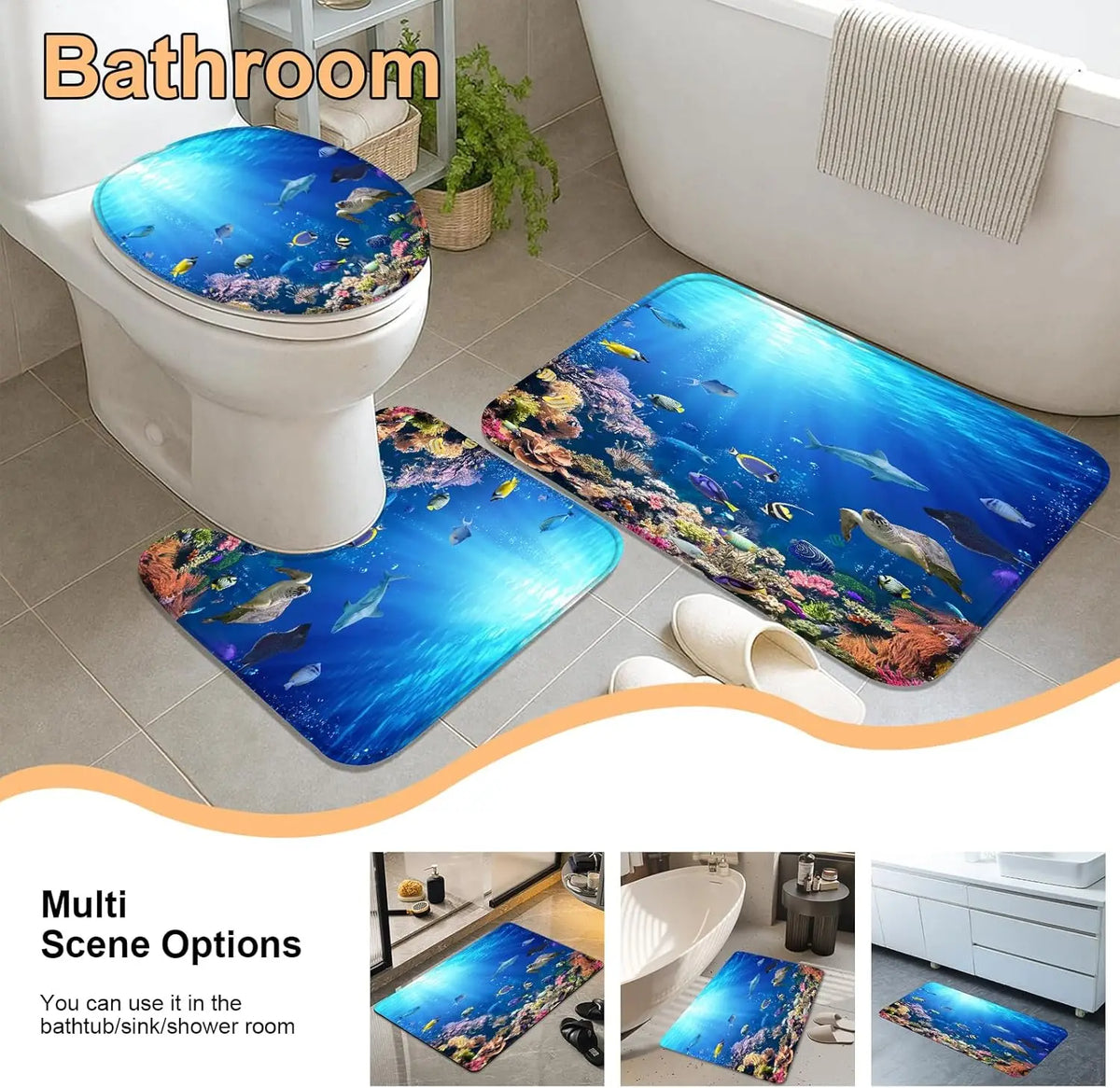 4-Piece Sunlight Sea Fish Ocean Theme Bathroom Set with Rugs Shower Curtain 12 Hooks-Machine-Washable Blackout Polyester