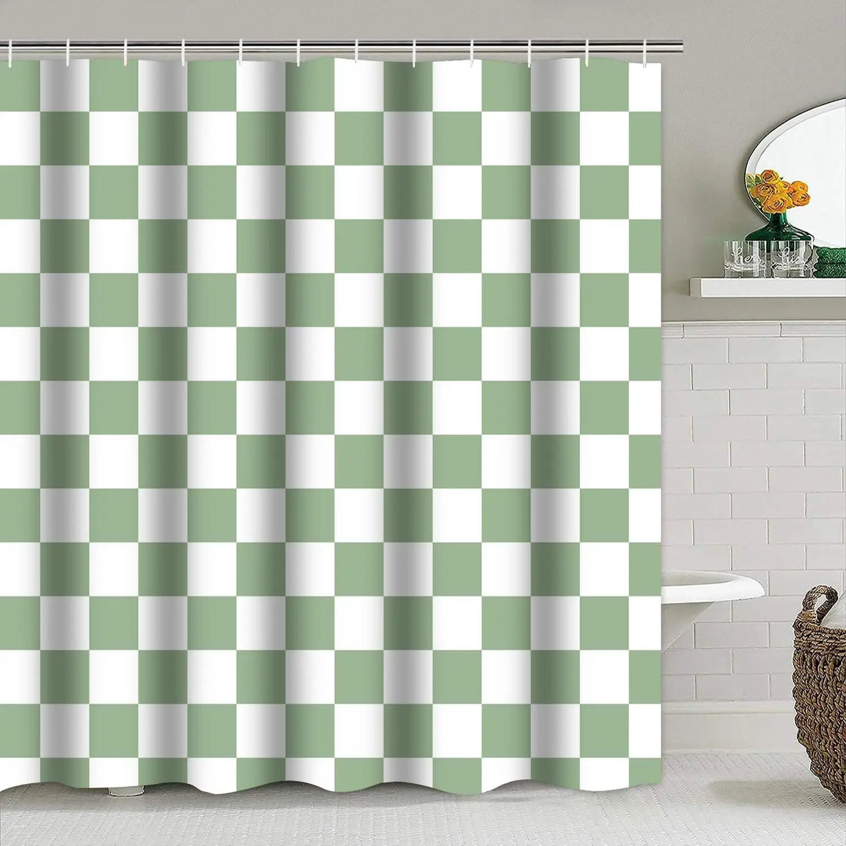 4-Piece Checkered Gingham Retro Shower Curtain Set Non-Slip Bath Rug U-Shaped Mat 12 Hooks Waterproof Fabric Green