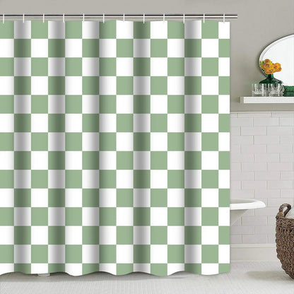 4-Piece Checkered Gingham Retro Shower Curtain Set Non-Slip Bath Rug U-Shaped Mat 12 Hooks Waterproof Fabric Green