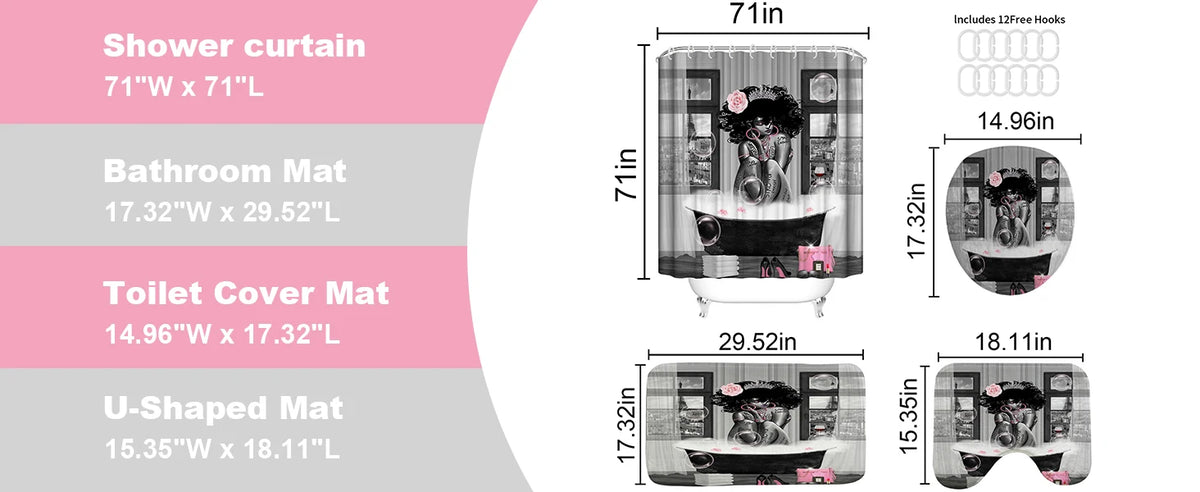 KOKGYM 4-Piece African American Shower Curtain Set Rugs 12 Hooks Paris Eiffel Tower Art Pattern Waterproof Polyester Casual