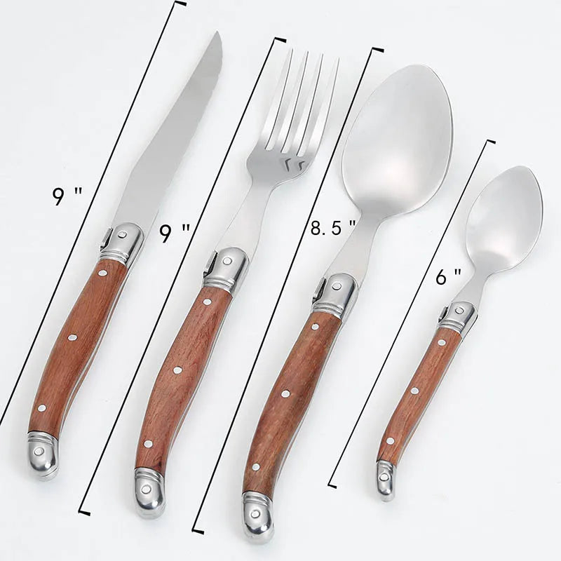 24pcs Laguiole Cutlery set Luxury Rose Wood Handle Dinnerware Stainless steel Tableware 6 Steak Knife 6 Fork 6 Spoon 6 Teaspoon