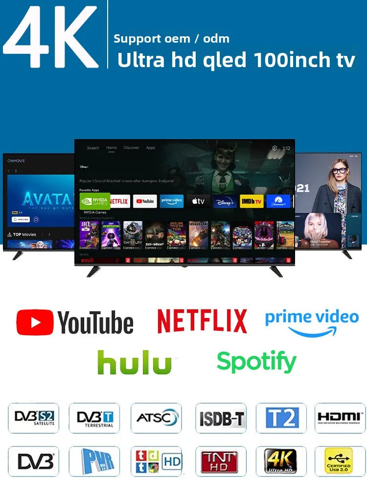 Custom 55/65/75/85/98/120 inch QLED smart TV Black 60-120 Hz Android warranty 2 years 4k/8k Ultra HD
