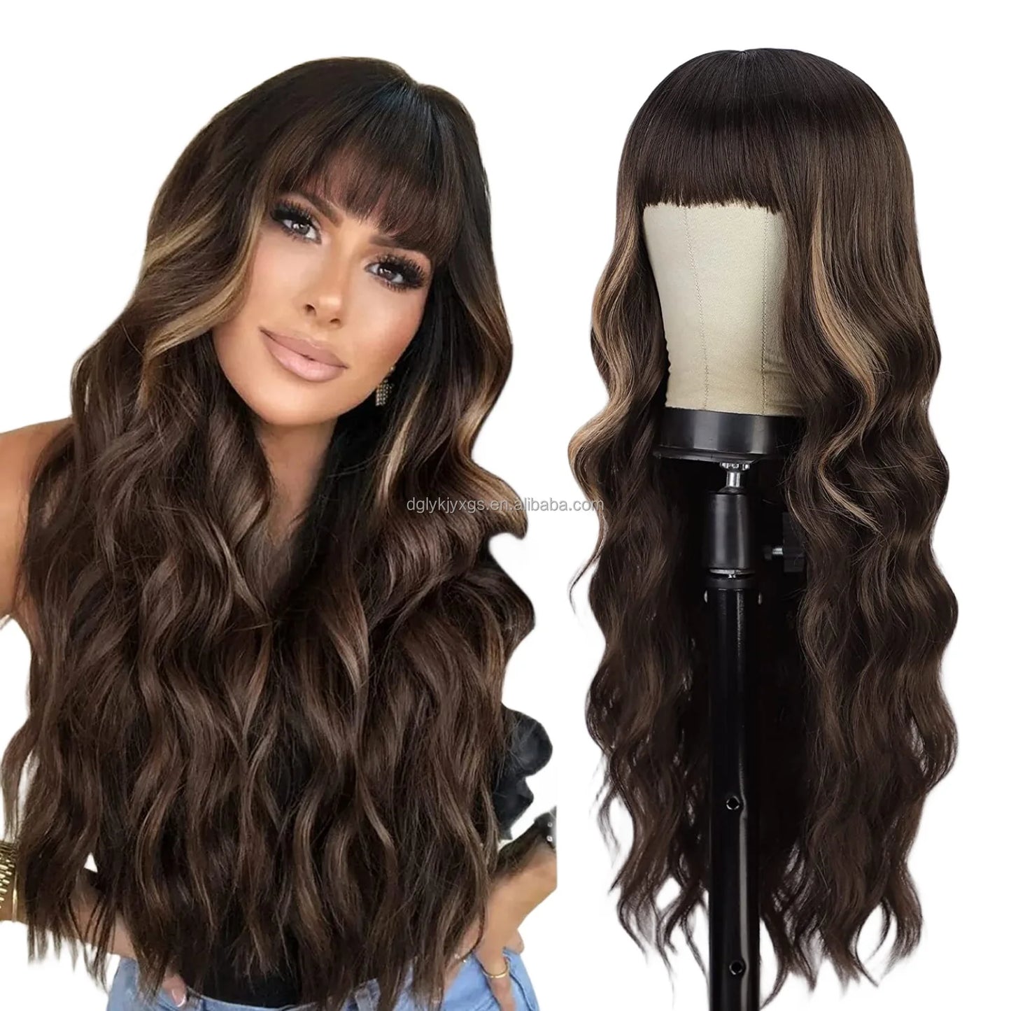 Hot Sales 26Inch Brown Mixed Blonde Wigs with Bangs for Women Wavy Curly Hair Heat Resistant Synthetic Fiber Wigs Women Hair