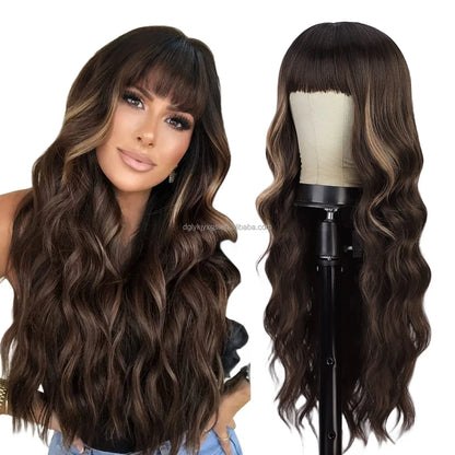 Hot Sales 26Inch Brown Mixed Blonde Wigs with Bangs for Women Wavy Curly Hair Heat Resistant Synthetic Fiber Wigs Women Hair
