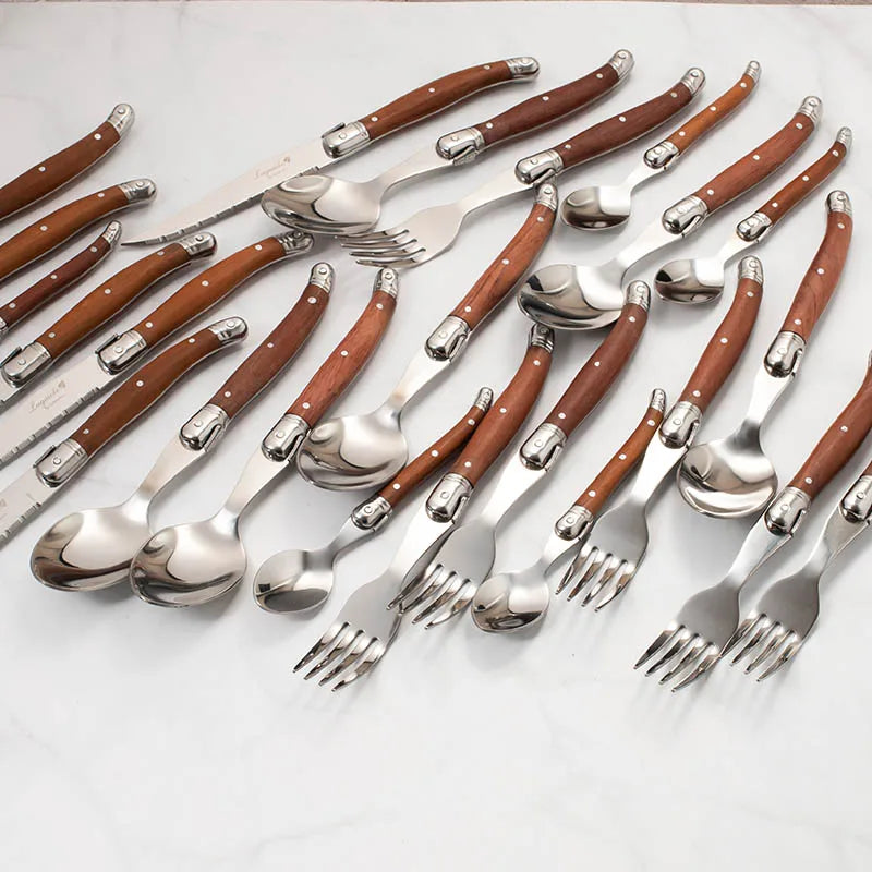 24pcs Laguiole Cutlery set Luxury Rose Wood Handle Dinnerware Stainless steel Tableware 6 Steak Knife 6 Fork 6 Spoon 6 Teaspoon