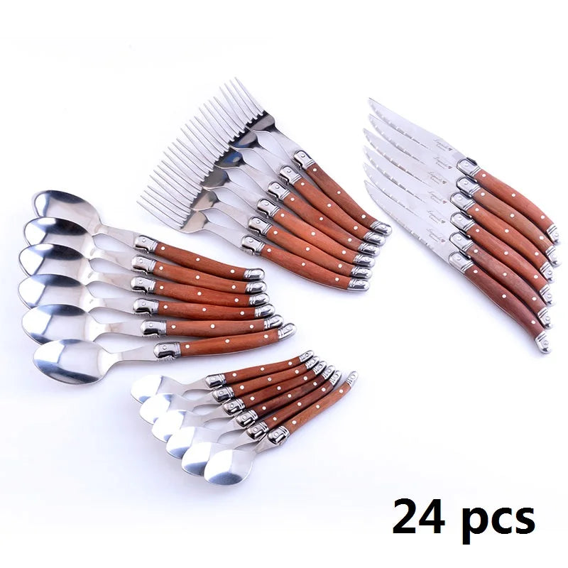 24pcs Laguiole Cutlery set Luxury Rose Wood Handle Dinnerware Stainless steel Tableware 6 Steak Knife 6 Fork 6 Spoon 6 Teaspoon