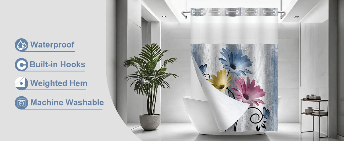 Hookless Shower Curtain Liner Set Teal Semi-Sheer Waterproof Washable 72x75 Inch Bathroom Decor